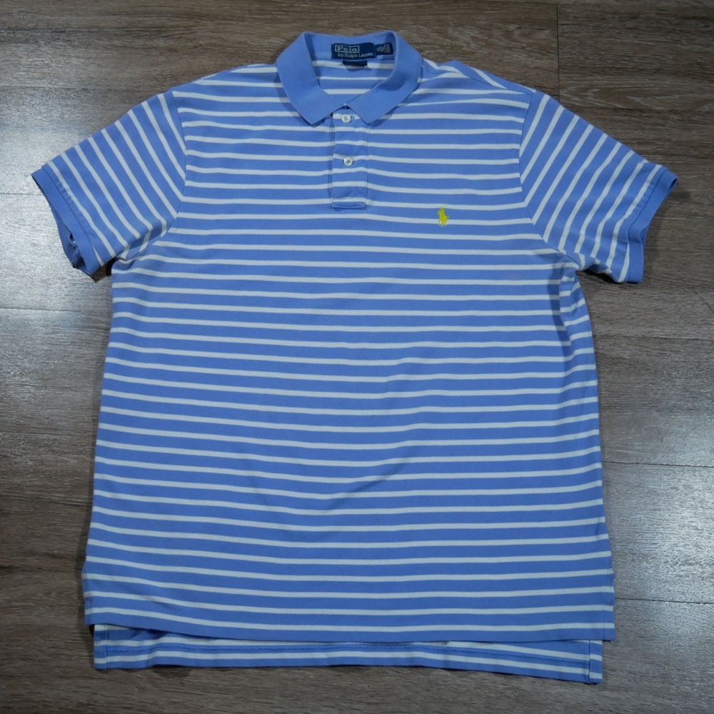 Polo Ralph‎ Lauren Mens XL Custom Fit Striped Polo Shirt Blue White Yellow Pony